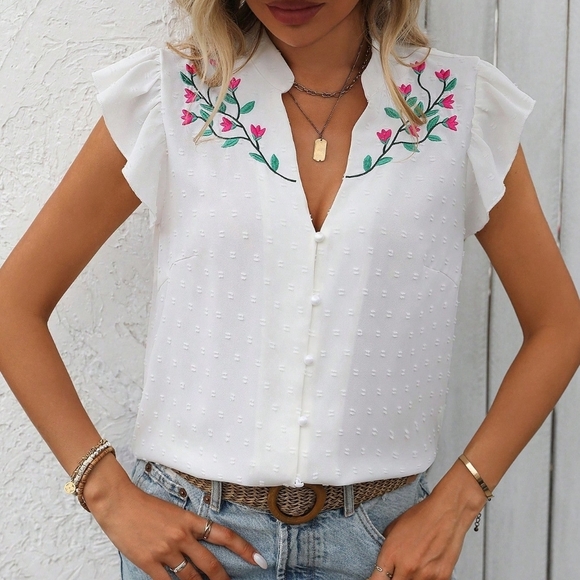Tops - Floral Embroidered Notch Neck Summer Casual Shirt